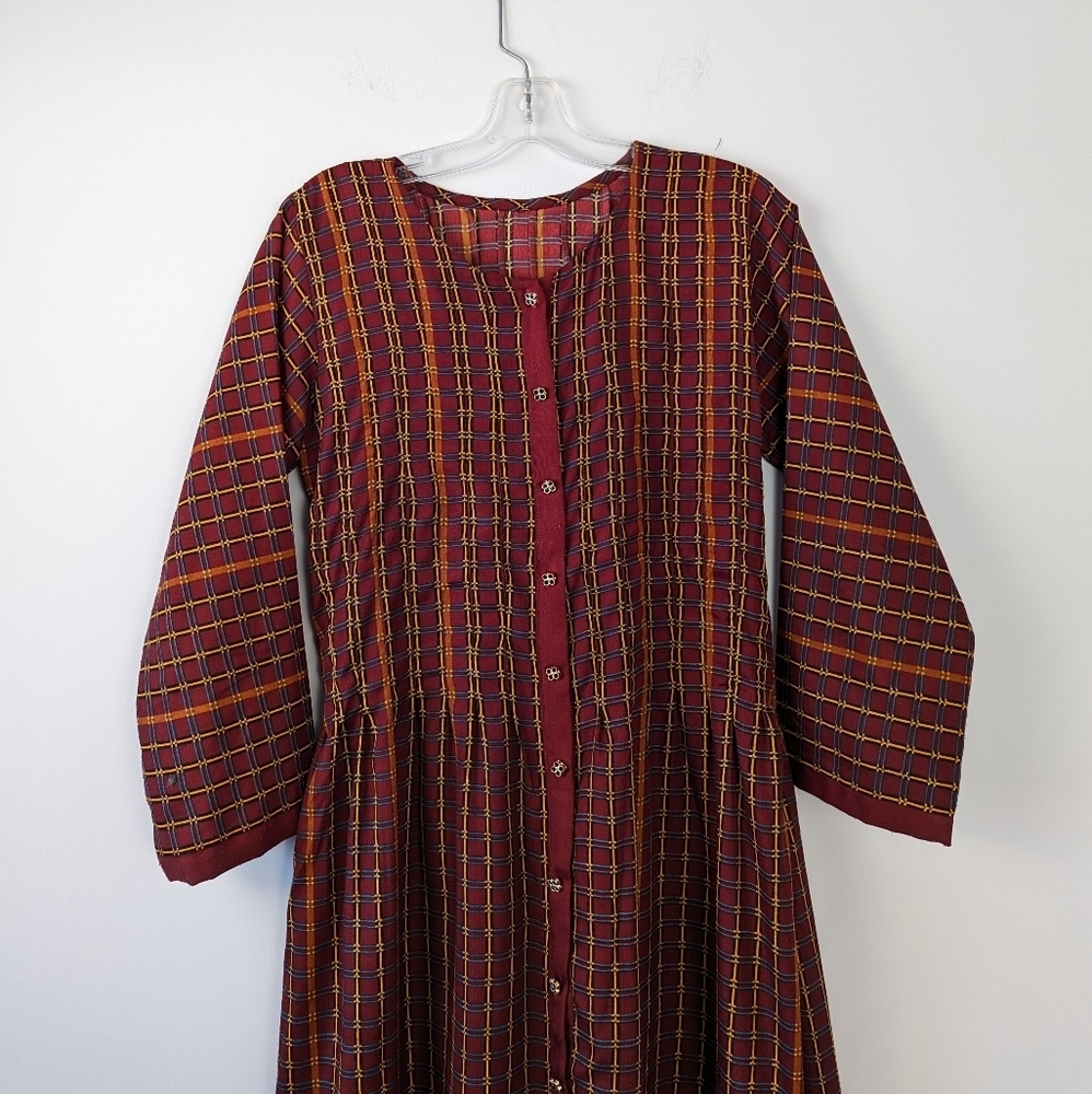 Maxi Dress Maroon with Yellow and Blue Grid Pattern - Appro size S